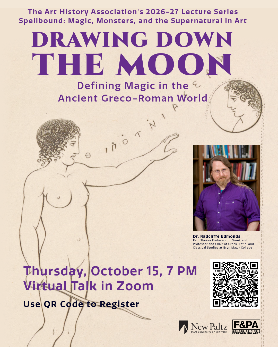 drawing of a witch drawing down the moon. Photo of a college professor with a beard wearing a purple shirt.